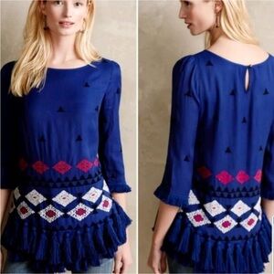 Anthropologie Floreat royal blue embroidered top with fringe trim Size 4